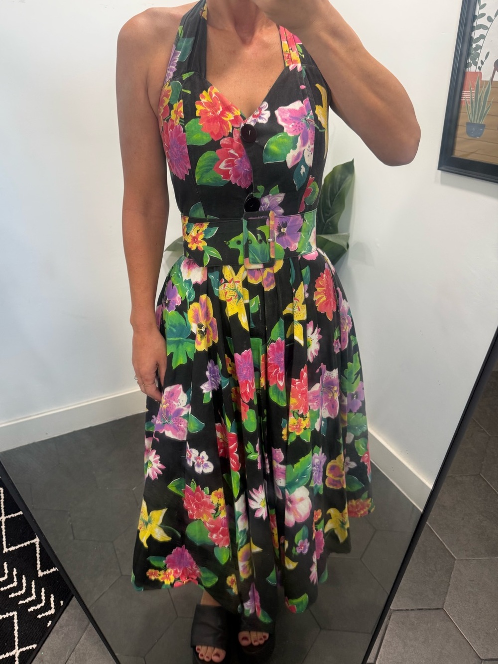 Floral One-Shoulder Halter Midi Dress in Black